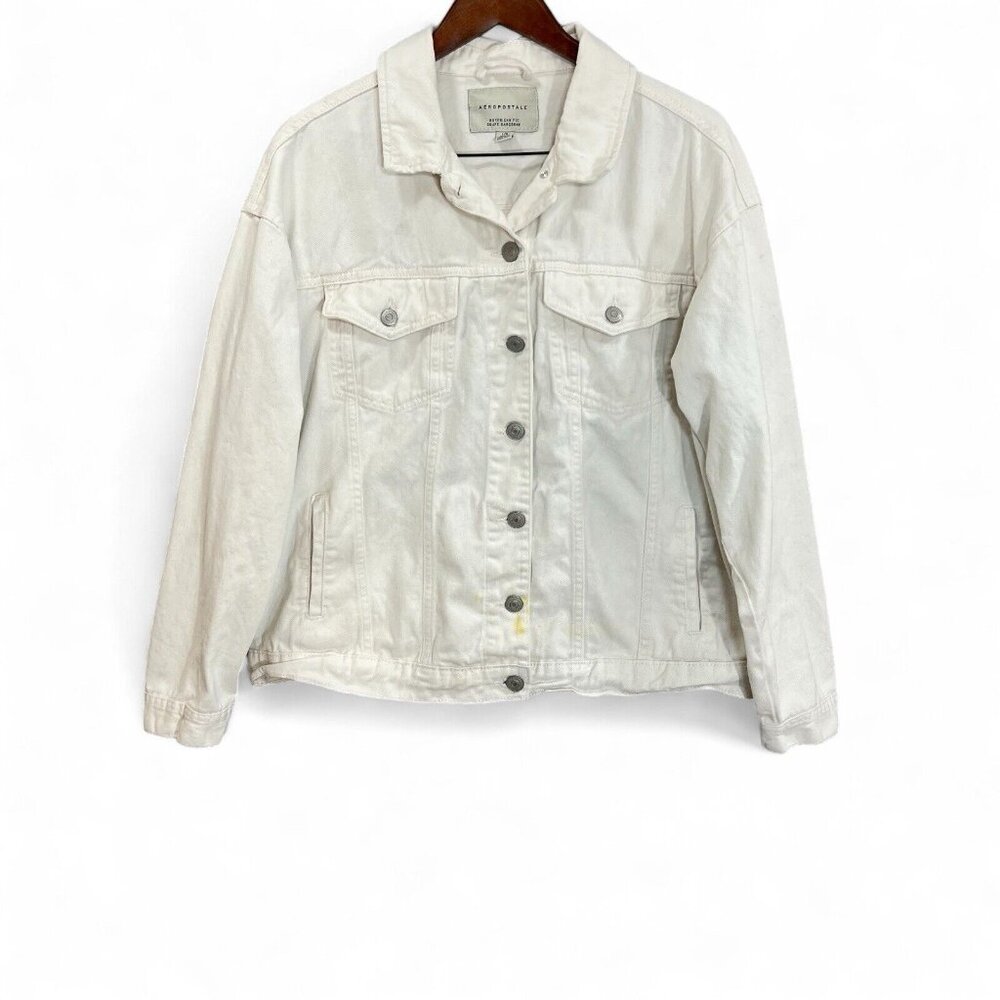 Aeropostale Womens Jeans Jacket Size Large Off White Denim Boyfriend Fit Cotton